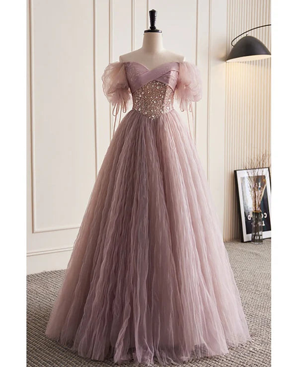 Luolandi Unique and elegant dark pink sequin off the shoulder short sleeved ball dress A-line princess glitter beaded backless and ground length prom dress
